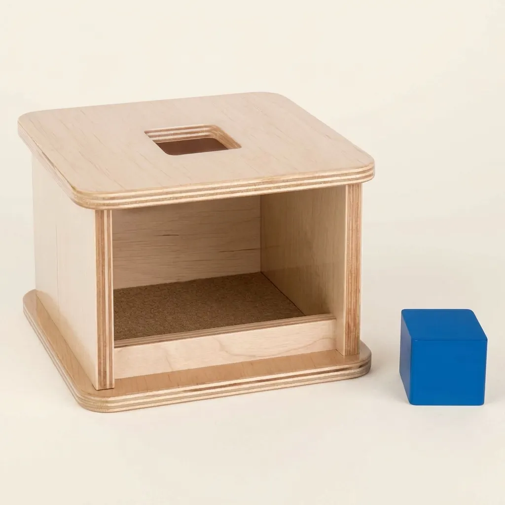 Imbucare box s kockou: Trvalosť objektu a štvorcový tvar - Montessori Material | Faborino