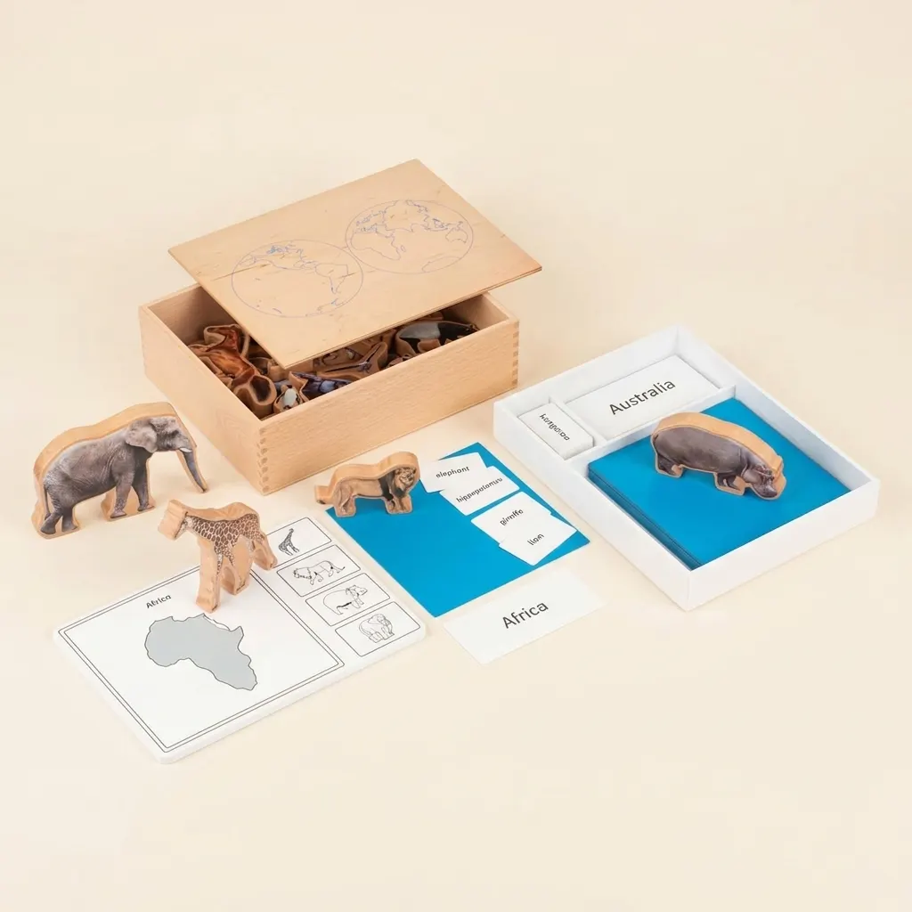 Krabice kontinentálních zvířat: Geografie a zoologie - Montessori Material | Faborino