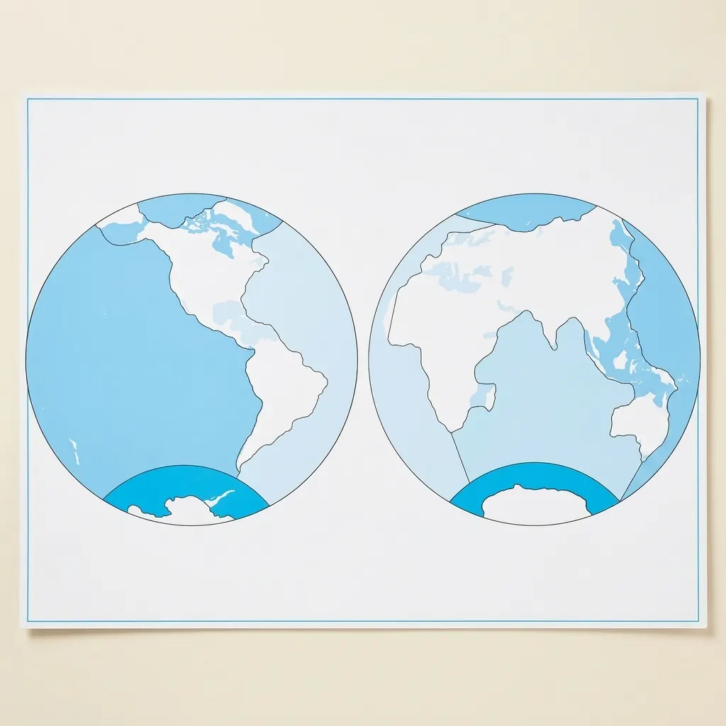 Kontrolní mapa oceánů: bez popisků - Montessori Material | Faborino
