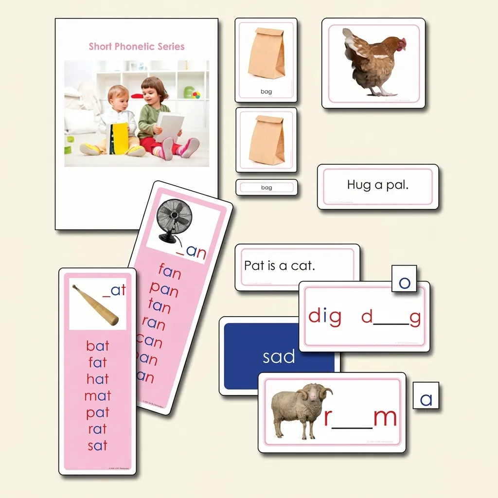 Růžová fonetická série: první čtení s krátkými slovy - Montessori Material | Faborino
