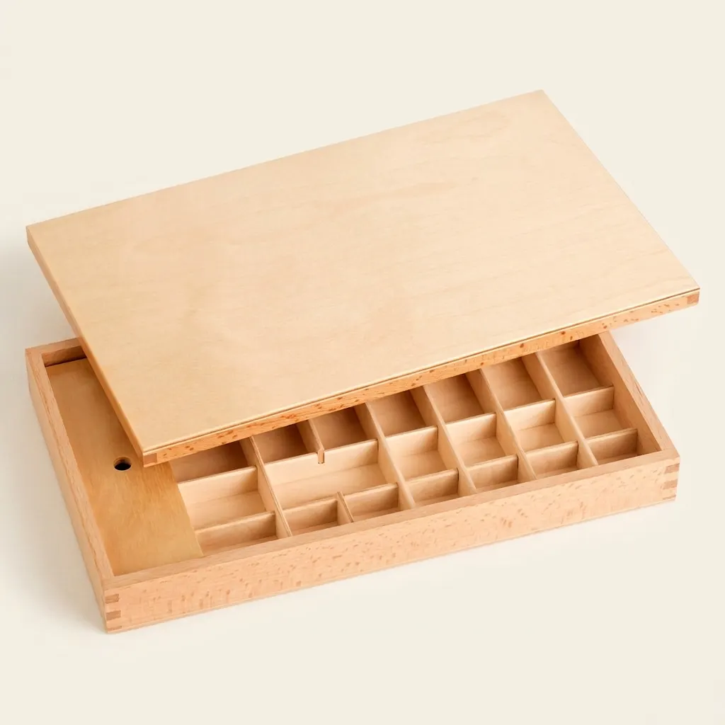 Box pro malou pohyblivou abecedu: Dřevěné úložiště s posuvným víkem: Montessori pomůcka | Faborino