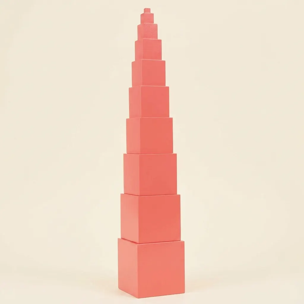 Růžová věž: 10 odstupňovaných kostek pro vizuální rozlišování - Montessori Material | Faborino