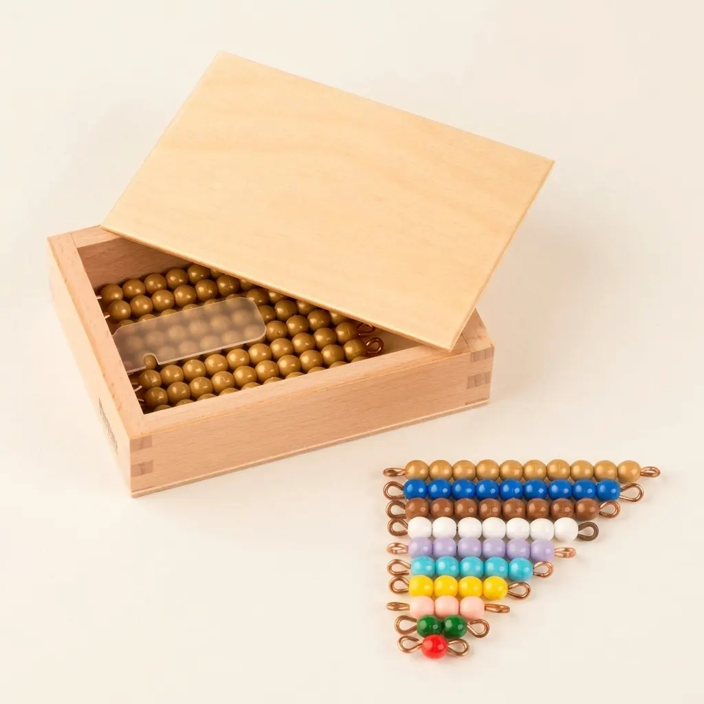 Box s korálky pro čísla 10-19: zlaté řetězy a korálkové schody - Montessori Material | Faborino