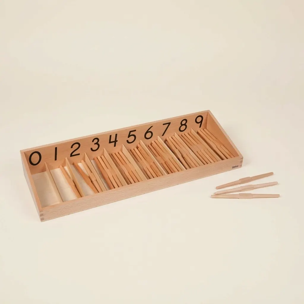 Box s tyčinkami: Koncept nuly a počítání s dřevěnými tyčinkami - Montessori Material | Faborino