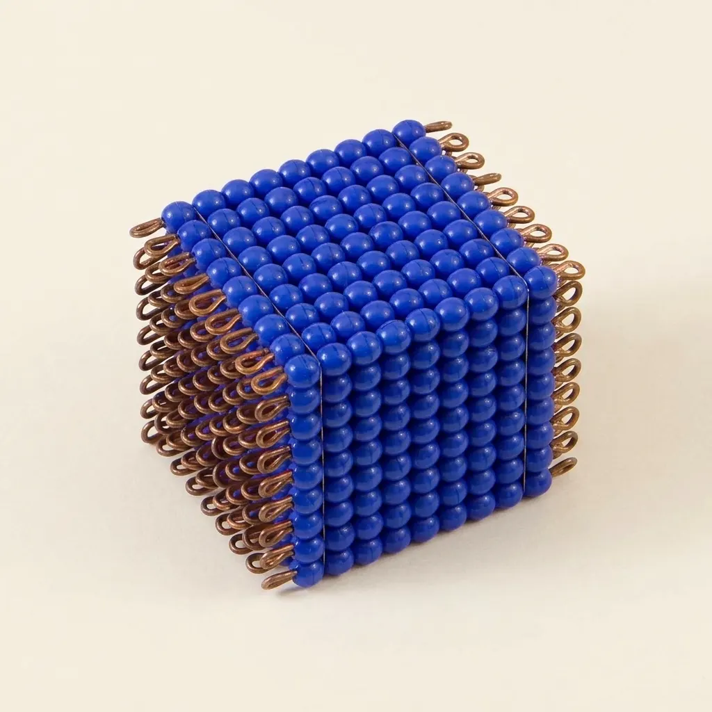 Skleněná korálková kostka 9: tmavě modrý drátěný rám představující 729 - Montessori Material | Faborino