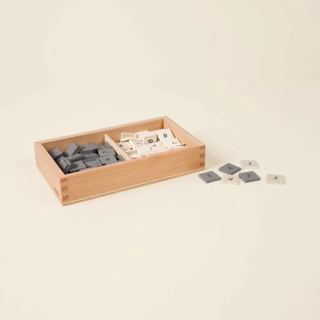 Krabice s číselnými dlaždičkami: šedé a bílé, černé číslice - Montessori Material | Faborino