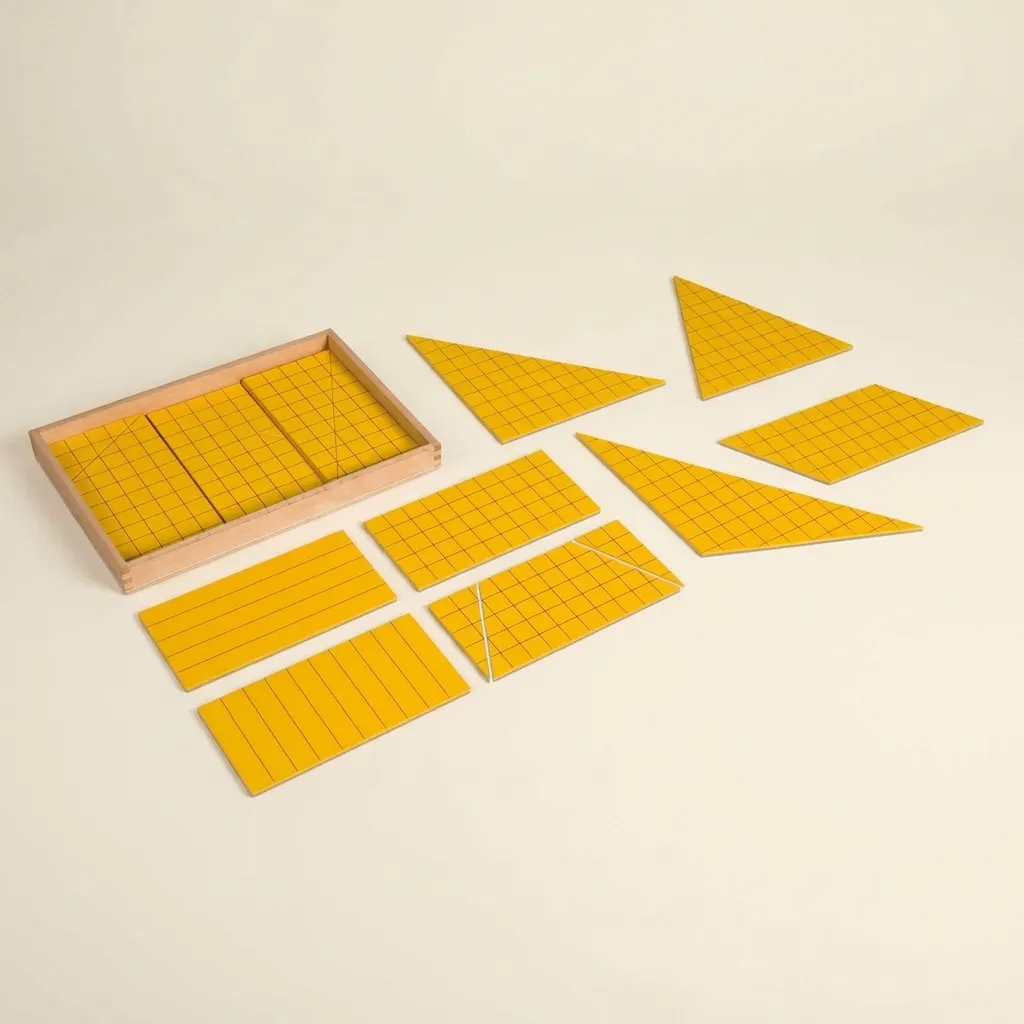 Žluté trojúhelníky pro výpočet plochy - Montessori Material | Faborino