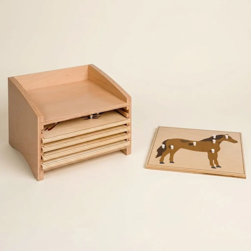 Skrinka na puzzle zvierat: päť priehradiek - Montessori Material | Faborino