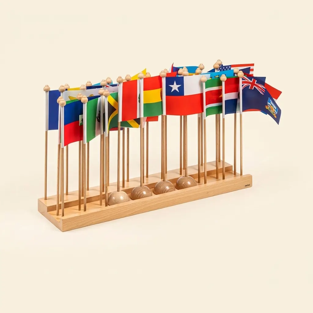 Stojan s vlajkami Ameriky: Severná a Južná Amerika bez Karibiku - Montessori Material | Faborino