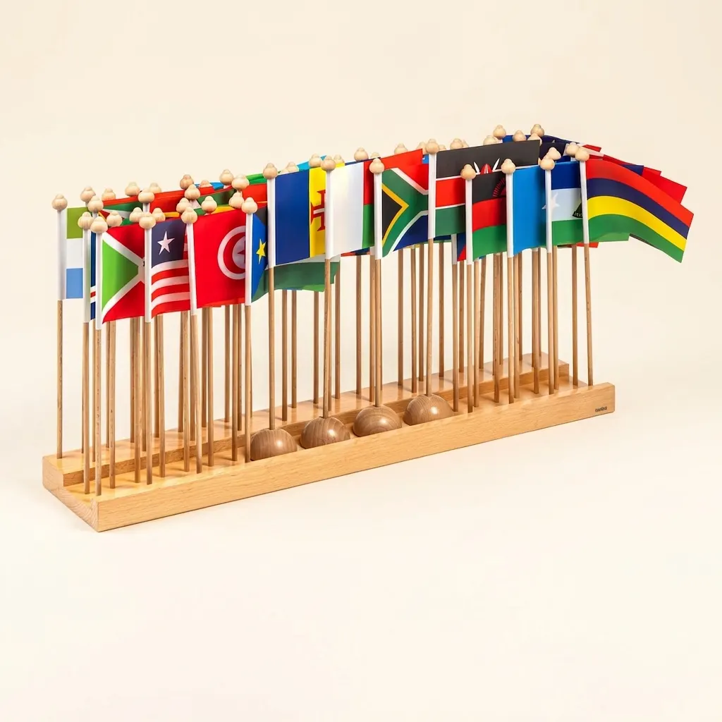 Stojan pre africké vlajky: rozpoznávanie krajín a umiesťovanie - Montessori Material | Faborino