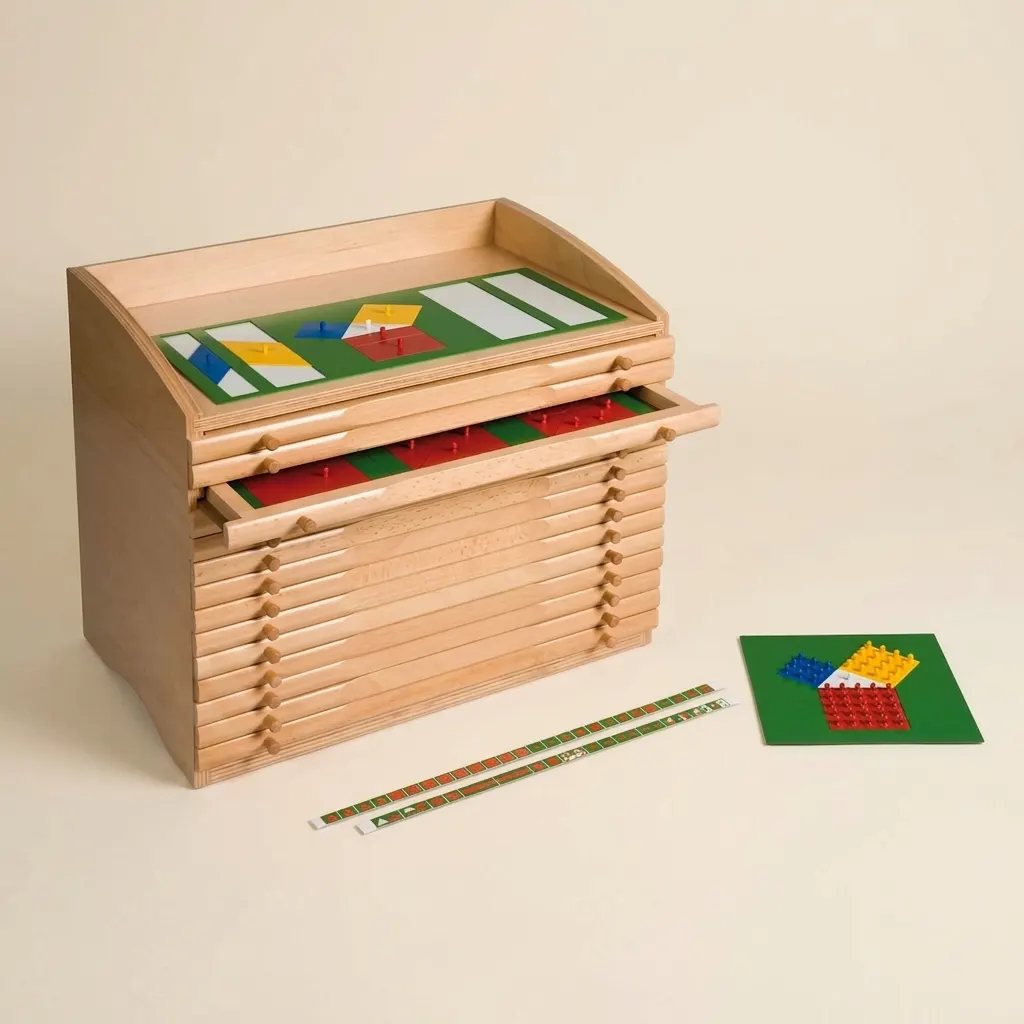 Skříň na zlomky: deset zásuvek se systematickými vklady - Montessori Material | Faborino
