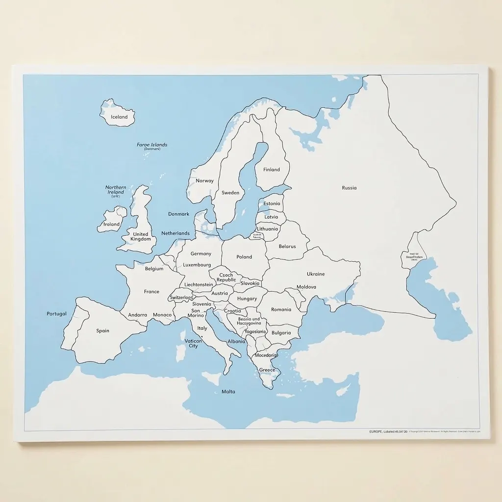 Kontrolní mapa Evropy: s popisky - Montessori Material | Faborino