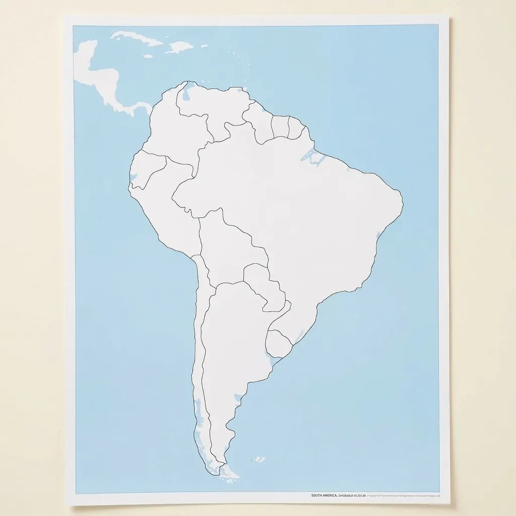 Kontrolní mapa Jižní Ameriky: bez popisků - Montessori Material | Faborino
