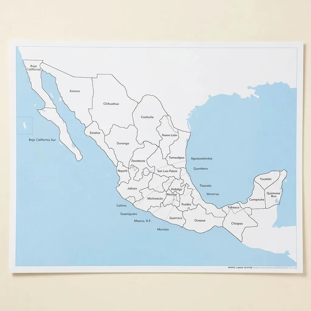 Kontrolní mapa Mexika: s popisky