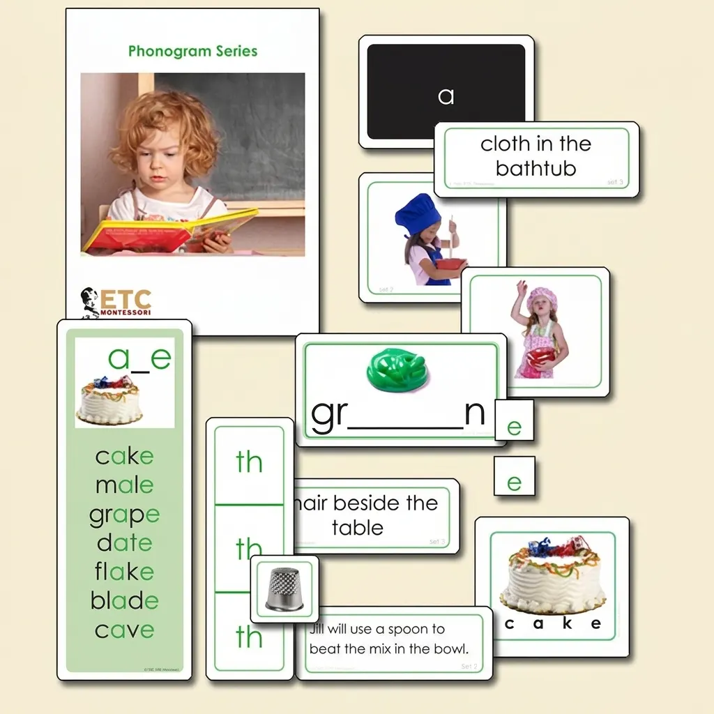 Zelená fonogramová série: pokročilé čtecí vzory - Montessori Material | Faborino