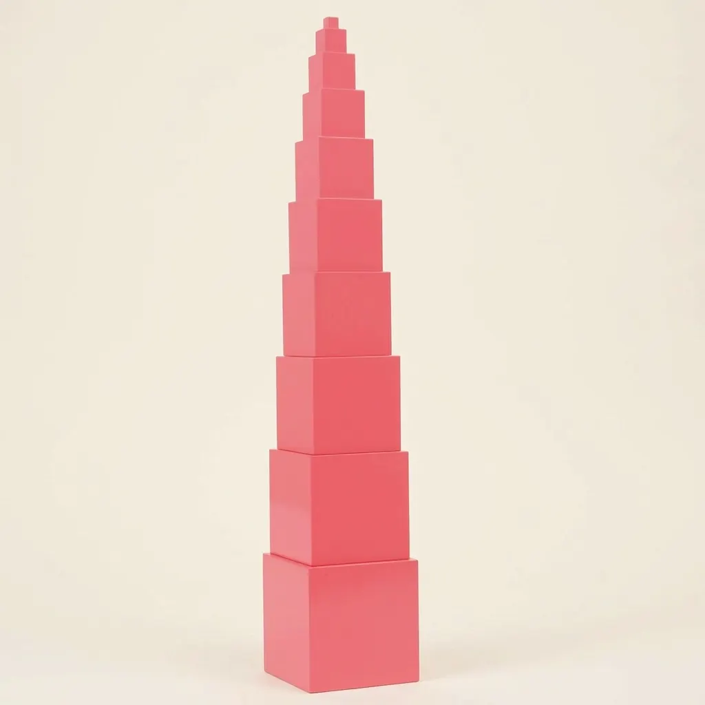 Velká růžová věž: 10 kostek pro vnímání rozměrů - Montessori Material | Faborino