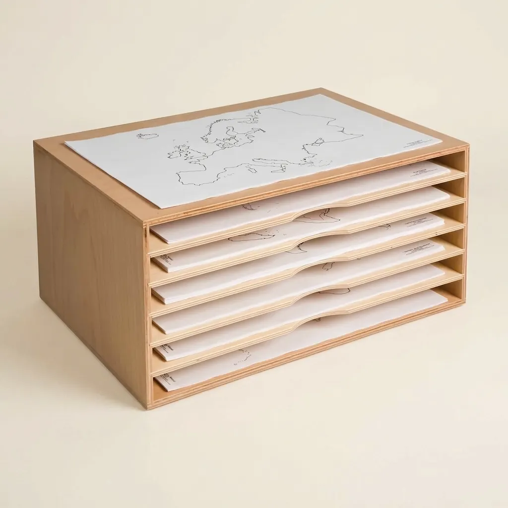 Skrinka na mapy: drevené úložisko pre geografické materiály: Montessori pomôcka | Faborino