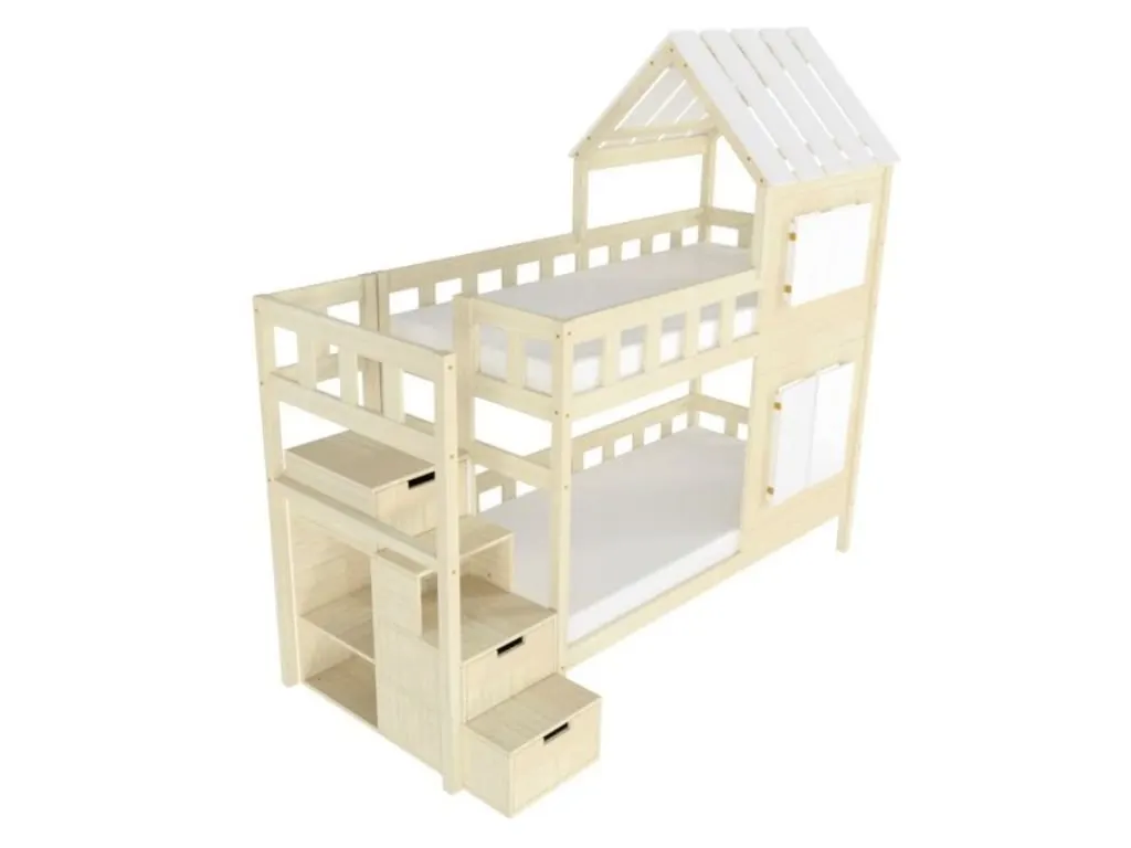 Bunk bed COTTAGE with half roof and storage stairs, unvarnished, left, 90x200 cm: maker's photo 2