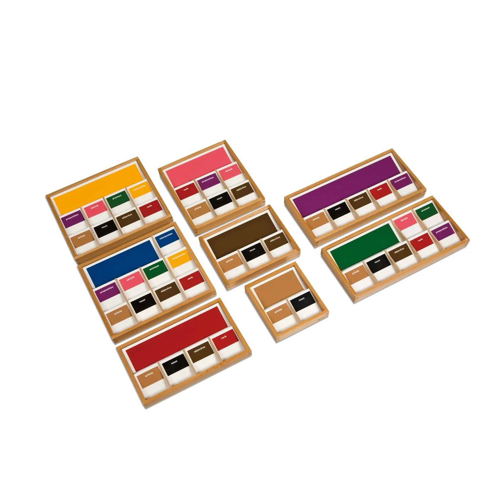 Gramatické krabice: Barevné karty pro analýzu vět - Montessori Material | Faborino