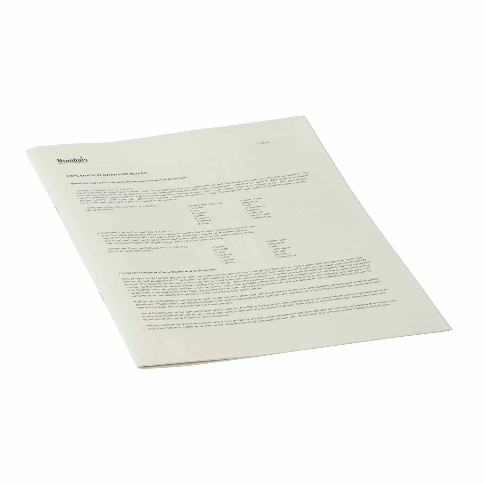 Vysvětlení ke gramatickým skříňkám: brožurka pro dospělého - Montessori Material | Faborino
