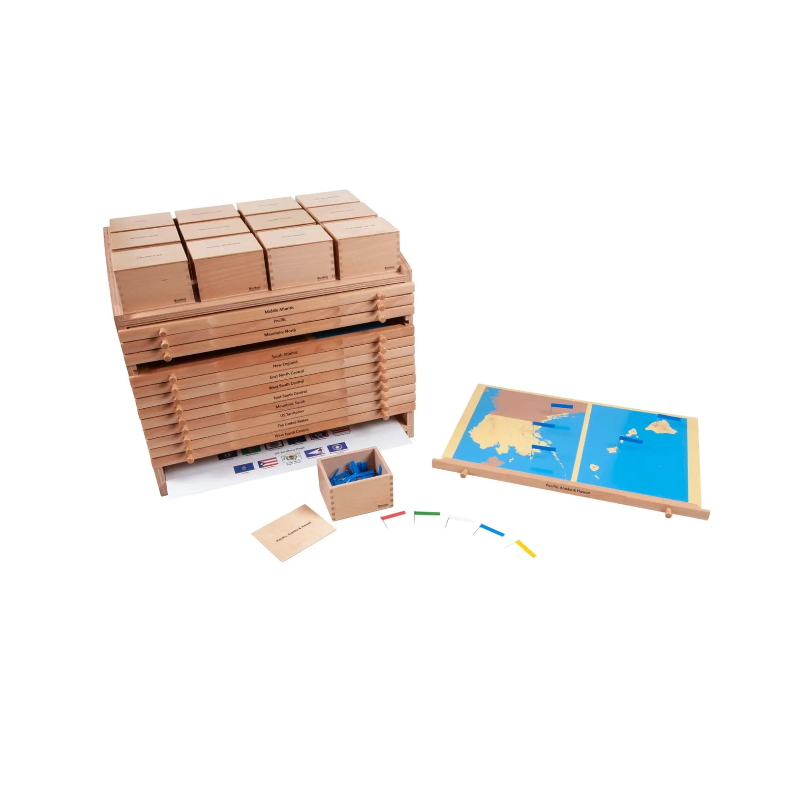 Skříňka pro USA: úložiště pro puzzle mapu a materiály - Montessori Material | Faborino