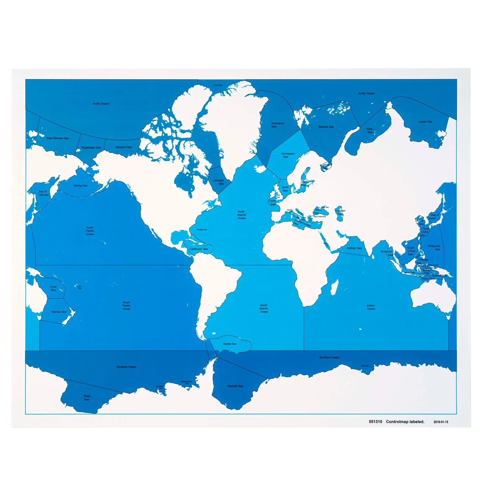 Kontrolná mapa morí a oceánov: s popismi: Montessori pomôcka | Faborino