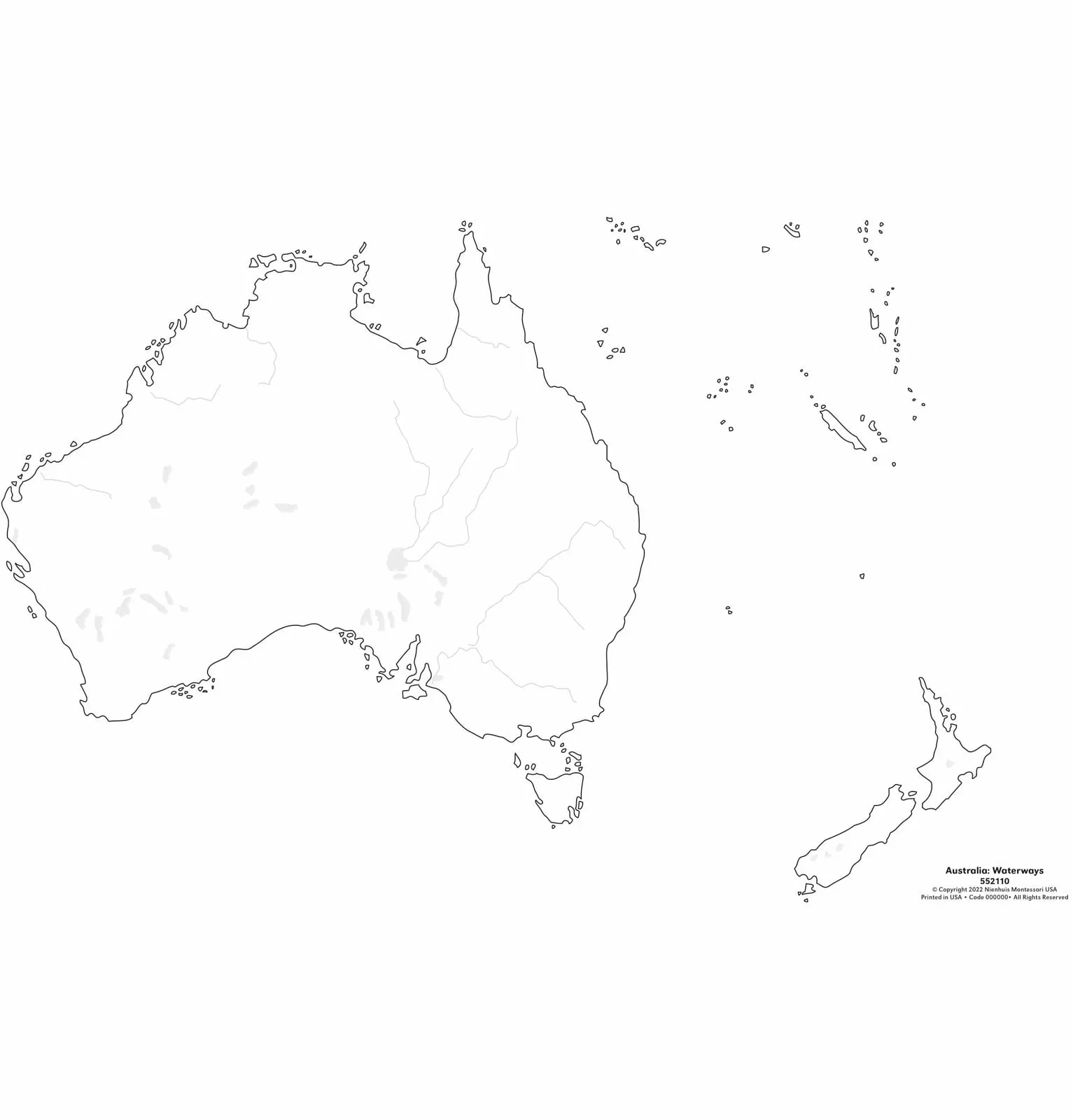 Austrálie: Mapa vodních toků: Označená kontrolní - Montessori Material | Faborino