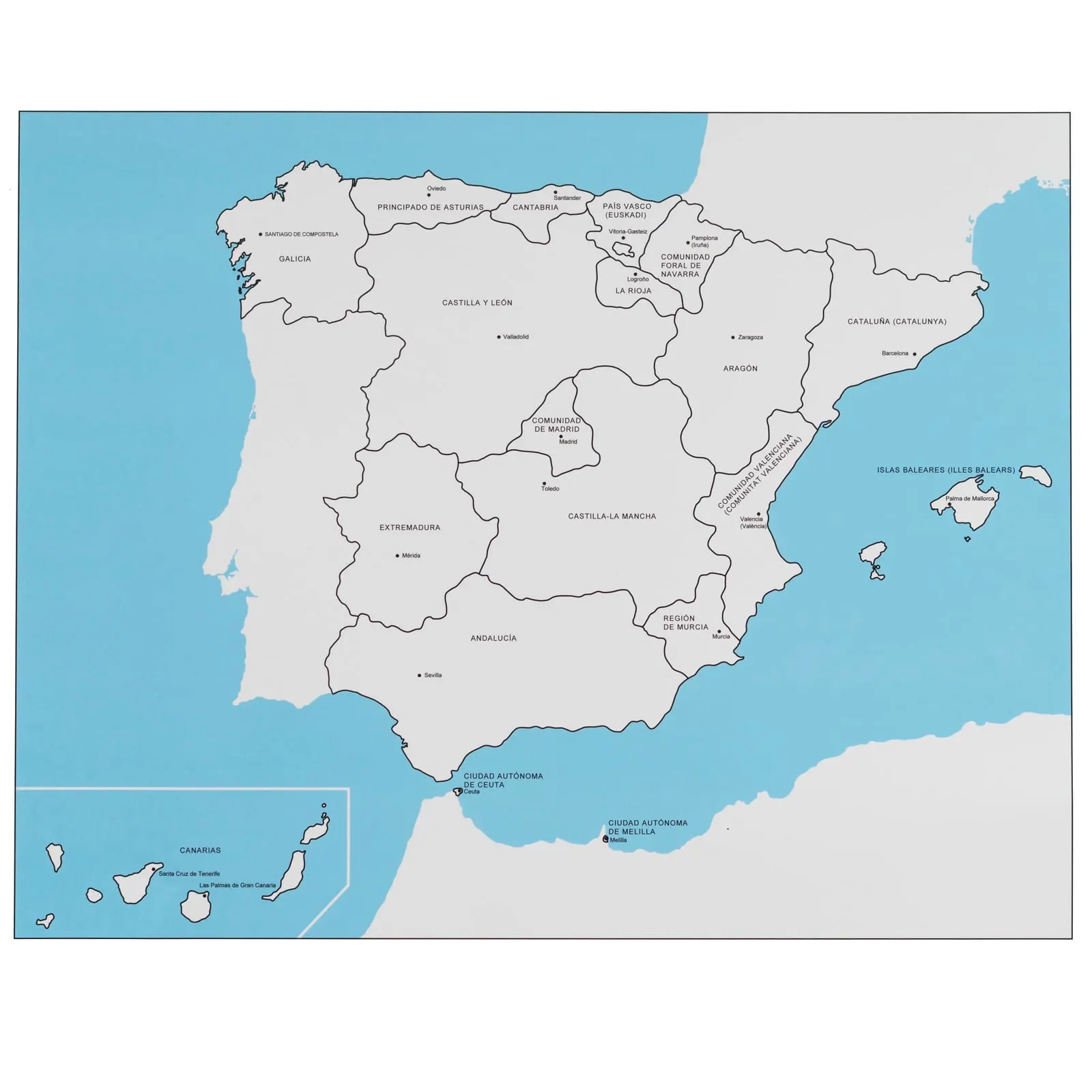 Kontrolní mapa Španělska: s popisky (ve španělštině) - Montessori Material | Faborino