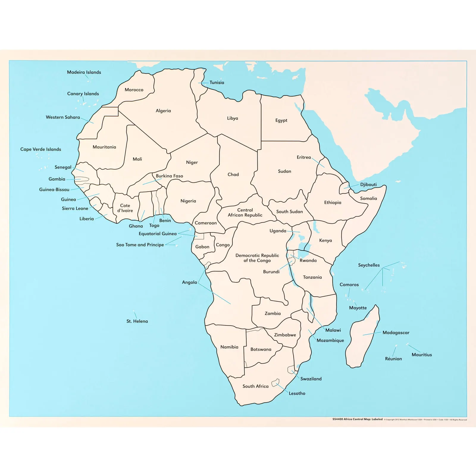 Kontrolná mapa Afriky: s popismi: Montessori pomôcka | Faborino
