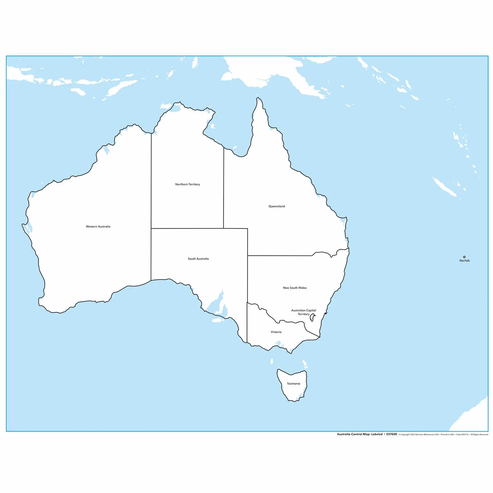 Kontrolní mapa Austrálie: s popisky - Montessori Material | Faborino